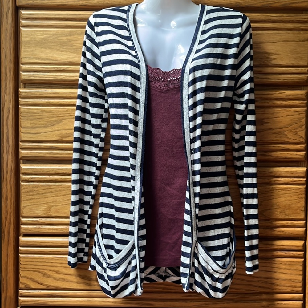 Fleurish • Nautical Blue & White Striped Lightweight Cardigan Shrug + Pockets